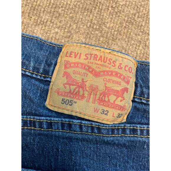 Levis 505 Jeans Mens 32x32 Straight Leg Whiskered Dark Wash Cotton Denim - Picture 5 of 9